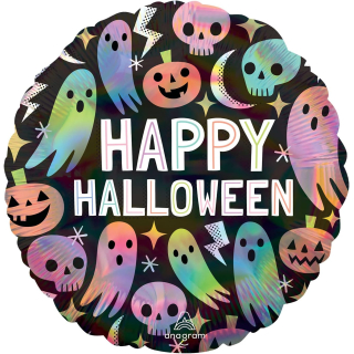 Happy Halloween, schillernde Pastellgeister und Kürbisse, runder Folienballon, 18
