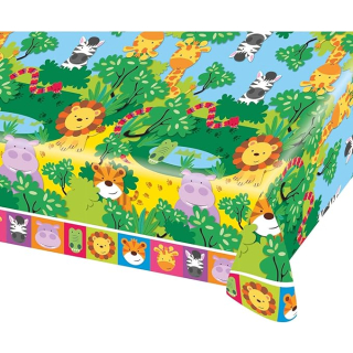 Tischdecke Dschungel Tiere, 1 Stck, Größe 120 x 180 cm, Kunststoff, wasserabweisend, mehrfarbige Tiermotive, Löwe, Tiger, Giraffe, Nilpferd, Kinderparty, Mottoparty, Geburtstag