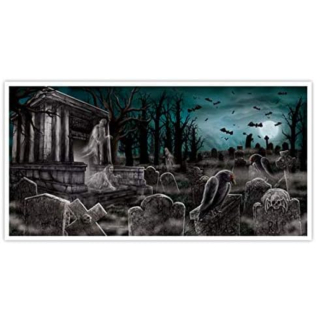 Folienbanner Friedhof, Ma e 165,1 x 85 cm, Fensterdeko, RIP, Graveyard, ChurchHalloween, Horror-Party, Mottoparty