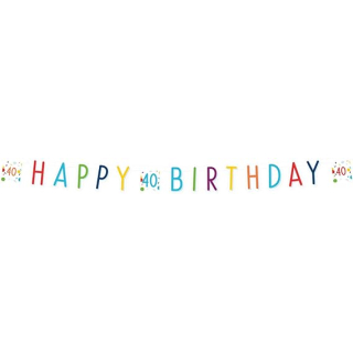 Partykette Konfetti Birthday 40, Größe 180 x 13,8 cm, wei  mit Konfetti, Schriftzug HAPPY BIRTHDAY und 3 x der Zahl 40, aus Papier, runder Geburtstag, Dekoration, Girlande