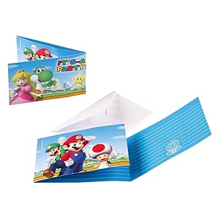 9901543 - Einladungskarten Super Mario mit Umschlägen, 8 Stück, Größe 7,9 x 14,1 cm, Kindergeburtstag, Mottoparty