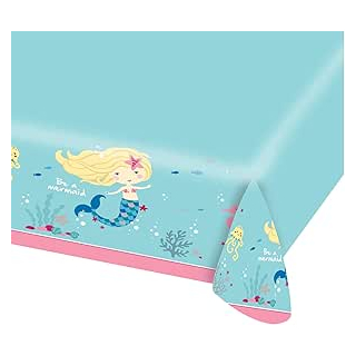 Papiertischdecke Meerjungfrau, Größe 115 x 175 cm, wasserabweisend, 3-lagig, Be a Mermaid, Seepferd, Kinderparty, Mottoparty, Geburtstag