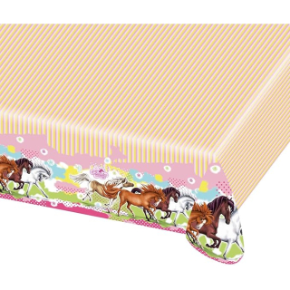 552345 - Tischdecke Pferde, 1 Stück, Größe 120 x 180 cm, rosa-pink-gelb mit mehrfarbigen Pferdemotiven, Charming Horses, Kunststoff, wasserabweisend, Geburtstag, Kinderparty, Mottoparty