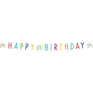 9906767 - Partykette Konfetti Birthday 21, Größe 180 x 13,8 cm, weiß mit Konfetti, Schriftzug HAPPY BIRTHDAY und Zahl 21