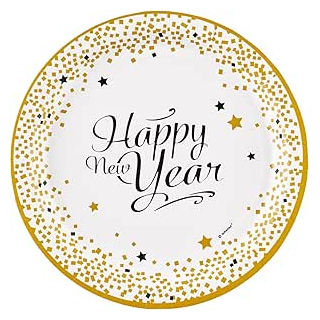 8 x Teller Gold, Weiss Happy New Year