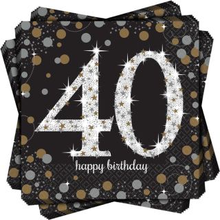 511545 - Servietten 40. Geburtstag, 16 Stück, 33 x 33 cm, Happy Birthday, Sparkling Celebration